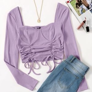 Ribbed Lilac Purple Long Sleeve Scrunched Crop Top